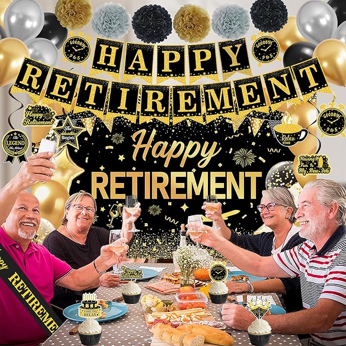 DARUNAXY Black Gold Retirement Party Decorations, Happy Retirement Banner, Officially Retired Hanging Swirl The Legend Has Retired Sash Tissue Paper Pom Poms Party Supplies(31PC)
