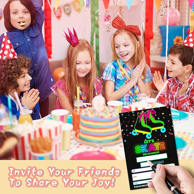 DETIHO 4" x 6" Glow Roller Skating Birthday Party Invitation Cards With Envelopes - Let's Skate and Celebrate - NEON Glow in the Dark Skate Party Invitation - 20 Sets - E13
