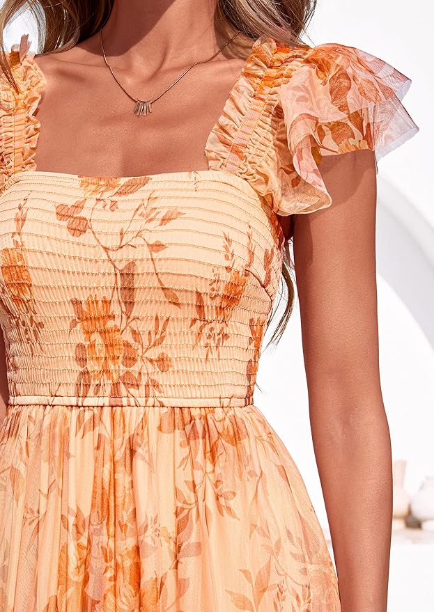 PRETTYGARDEN Women's Summer Tulle Midi Dress Sleeveless Smocked Ruffle Flowy Mesh Dresses Party Wedding Guest Sundress