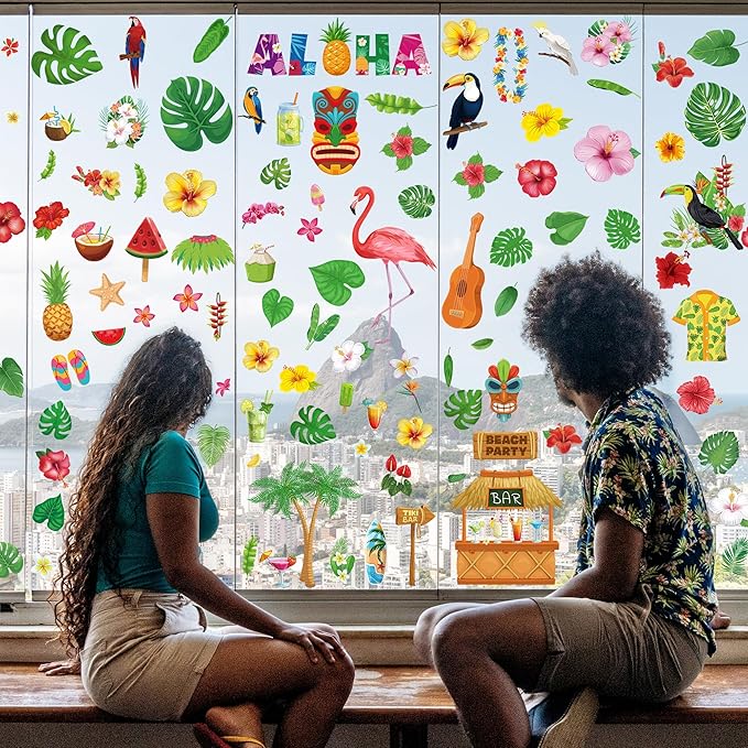 103 PCS Hawaiian Window Clings, 9 Sheets Tropical Hawaiian Party Decorations, Double-Sided Summer Window Clings with Tiki Masks Hibiscus Lei Patterns, Aloha Party Decorations for Home Office
