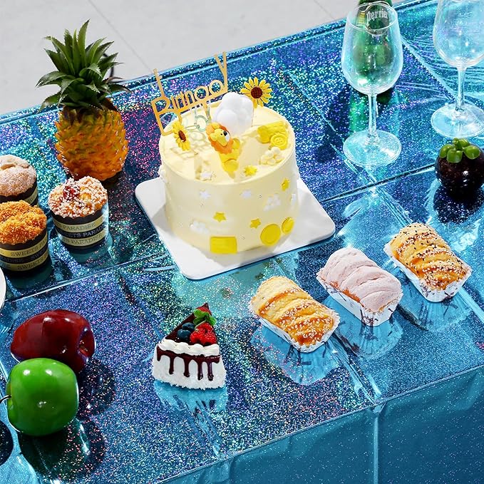 4 Pack Iridescence Plastic Tablecloths Shiny Disposable Laser Rectangle Table Covers Holographic Foil Tablecloth Iridescent Party Decoration Birthday Bridal Wedding Christmas 54" x 108" (Blue)