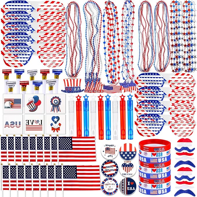 150 Pcs 4th of July Patriotic Accessories for Kids, Fourth of July Party Favor Supplies, Independence Day Memorial Day Decor Dressing-up Accessories, Classroom Prizes for Students