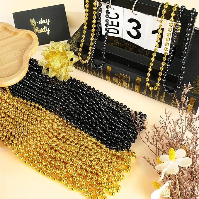 144 PCS Gold Black New Year Necklaces, New Year Eve Necklaces, 33'' Round Happy New Year Necklace Accessories, 2026 New Year Party Beads for New Year's Day, Halloween, Christmas, Carnival Party Favors