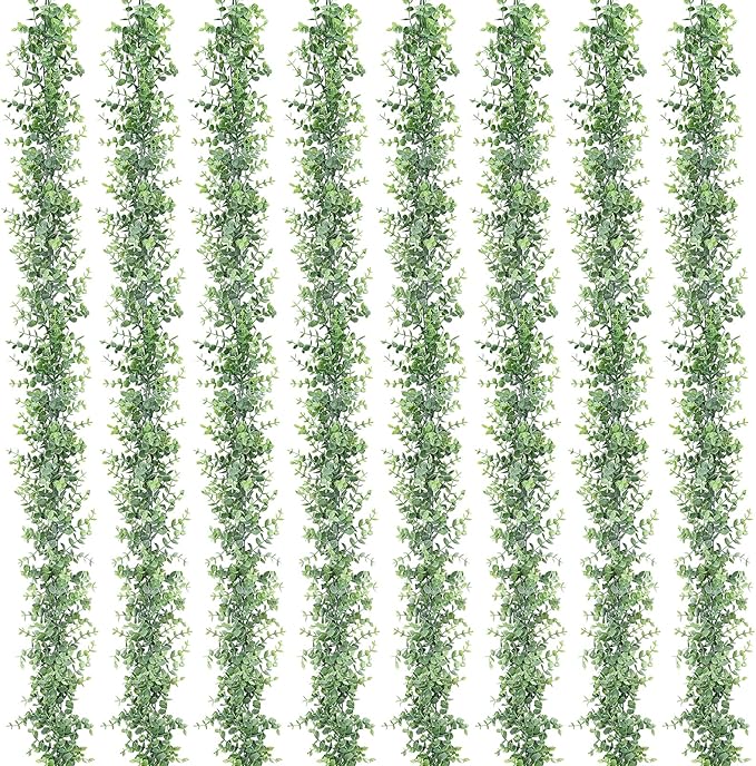 Dolicer 8 Pack Faux Eucalyptus Greenery Garland, 48FT Artificial Eucalyptus Leaves Vine, Fake Hanging Garlands Wedding Backdrop Arch Wall Table Party Decor (Grey Green)