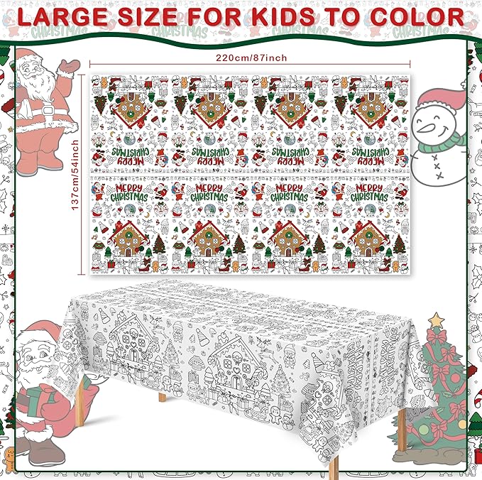 OHOME Christmas Coloring Tablecloth - Christmas Decor & Table Decor | Kids Crafts & Party Favors, 54" x 88"