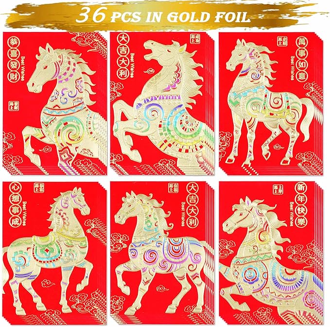 Red Envelopes Chinese New Year Of The Horse 2026,红包, Lucky Money Envelopes For Lunar New Year, Li Xi Hongbao With 6 Gold Embossed Patterns Colorful 36Pcs Medium