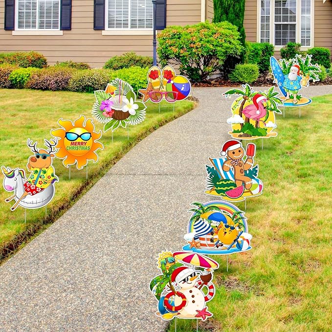 Amyhill 12 Pcs Summer Christmas Outdoor Yard Decoration Summer Christmas Garden Lawn Stake Signs with Stakes Waterproof Corrugated Outdoor Decor for Patio Lawn Walkway Party Decorations, 12 Style
