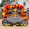 Monster Truck Birthday Decorations include Red Orange Yellow Balloons Ribbon Arch Cake Paper Card Toppers Tablecloth Backdrop Truck Birthday Decor for Boys Racing Party Decoration Supplies