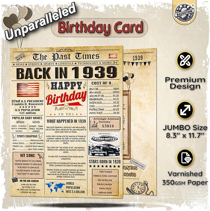 87th Birthday Card for Women Men- Back In 1939 Card - 87th HAPPY BIRTHDAY cards for Him Her - Vintage 87th birthday gifts JUMBO size 87th birthday decorations for husband wife - gift for 87 year old