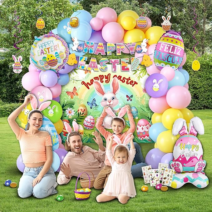 Party Spot! 101 PCS 2026 Easter Party Decorations Set, Easter Party Supplies, Easter Balloon Arch Garland Kit, Happy Easter Backdrop, Banner, Easter Egg Balloon, and Hanging Swirls
