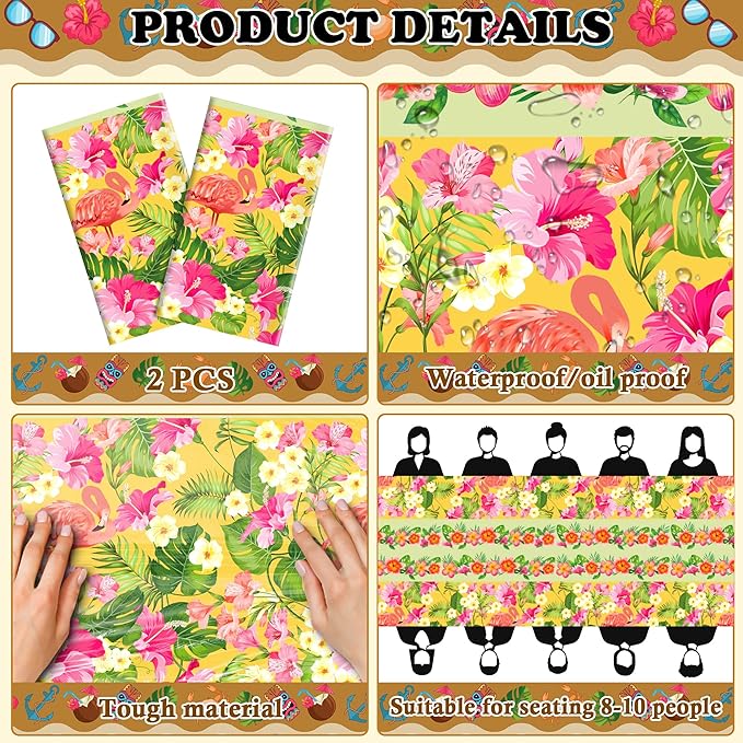 OHOME 2 Pack Luau Party Decorations - Plastic Tablecloth for Hawaiian Theme Party Decorations | Tropical Summer Beach Pool Birthday Backdrop Favors Supplies
