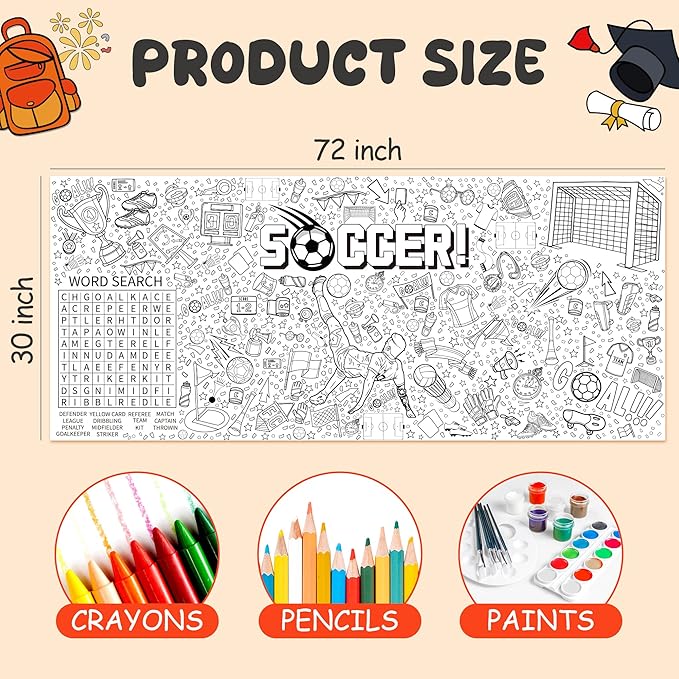 OHOME Soccer Giant Coloring Poster/Tablecloth - Soccer Themed Party Decorations - 30 x 72 Inches Jumbo Coloring Banner Kids Gifts Crafts Activities Decor Party Favors Supplies