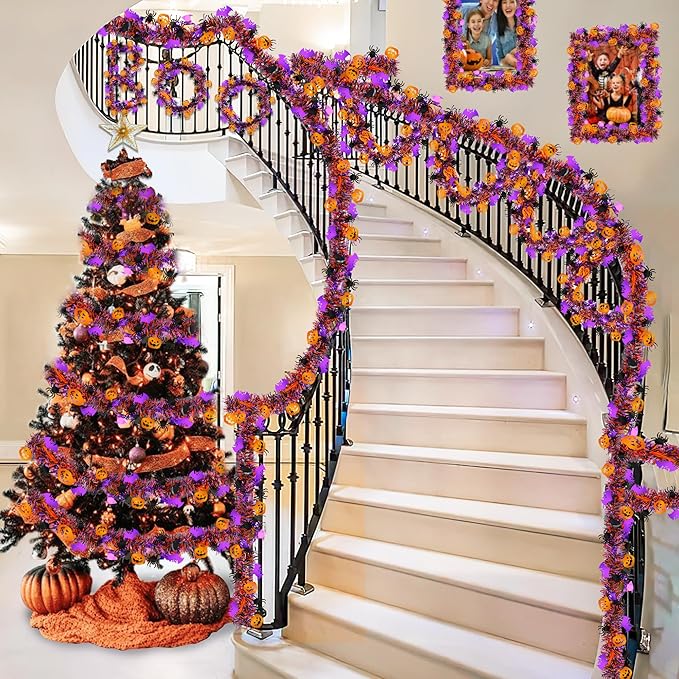 Halloween Decorations,50 FT Halloween Tinsel Garland with Orange Pumpkin Black Spider Purple Bat, Shiny Metallic Twist Garland for Home Tree Indoor Outdoor Party Decorations