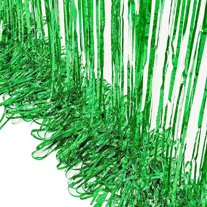 BRAVESHINE Green Party Streamers Backdrop - 2 Pack 3.2 x 8.2ft Metallic Tinsel Foil Fringe Curtains for St Patricks Day/Birthday/Hawaiian/Luau/Dinosaur/Football/Graduation/Christmas Party Decorations