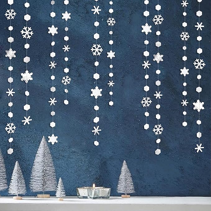 pinkblume 52Ft Winter Wonderland Party Decorations White Snowflake Garland Metallic Glitter Snowflakes Streamer for Winter Onderland Christmas Frozen Birthday Wedding Baby Bridal Shower Party Supplies