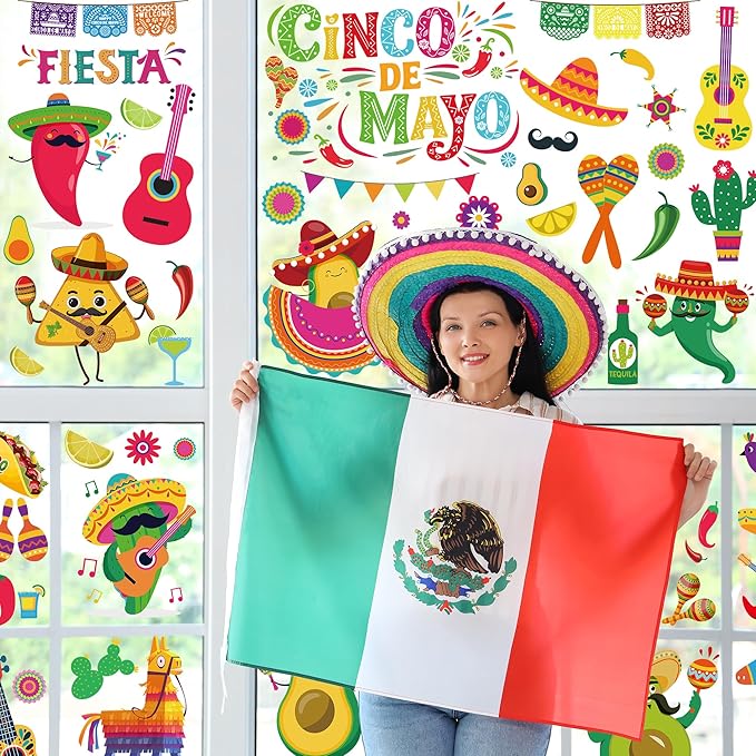 72 PCS Cinco De Mayo Decorations, 9 Sheets Cinco De Mayo Window Clings, Double-Sided Mexican Stickers with Tacos Guitars Cactus Peppers Designs, Fiesta Party Decor for Window Glass Home Store