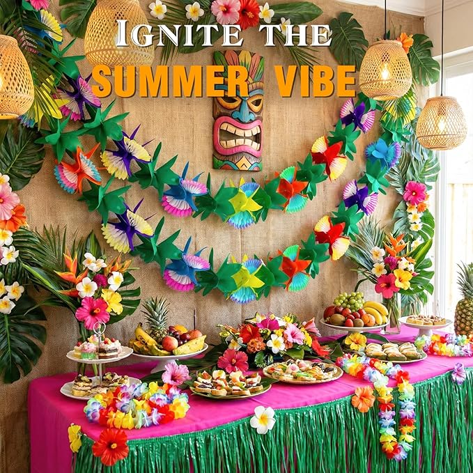 FUTUREPLUSX 2 Pack Tropical Garland Party Decorations, 20ft Multicolored Tissue Paper Hibiscus Flower Summer Banner for Birthday Beach Theme Luau Hawaiian Party Supplies Jungle Decor