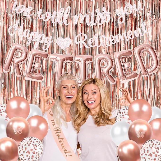 Holkcog Happy Retirement & We Will Miss You Party Decorations, Rose Gold Retirement Decor for Coworker, Retired Crown and Sash, Banner, Balloons, Farewell Party Set, Office Retired Party Supply