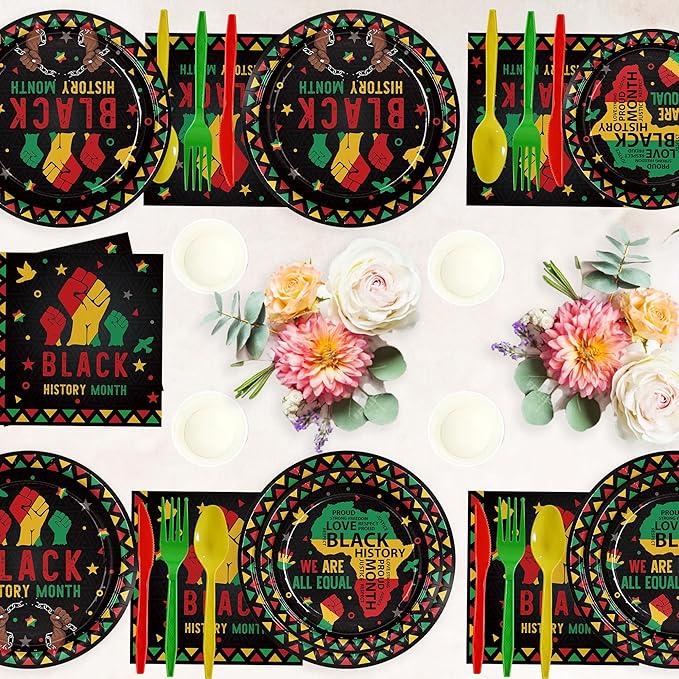 168pcs Black History Month Decorations Plates Napkins Disposable Paper Cups Tableware Set Black History Month Party Supplies for African American Festival Decor Serve 24 Guests