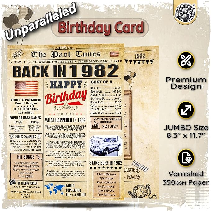 44th Birthday Card for Women Men - Back In 1982 Newspaper - 44 th Happy BIRTHDAY card - 44 birthday gift for Her Him - JUMBO size - 44th birthday decorations Dad Mom - Best gifts for 44 year old