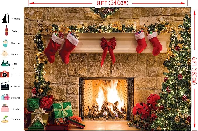 CYLYH 8x6ft Christmas Fireplace Theme Backdrop Christmas Backdrops for Photography Tree Sock Decorations for Xmas Party Supplies Photo Background