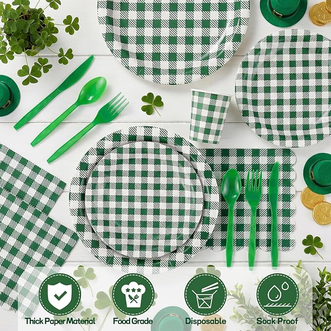 175 Pcs Gingham Party Supplies Include Green Gingham Plates and Napkins Cups Plastic Cutlery Disposable Green Checkered Plates Set for St Patricks Day, Picnic, Baby Shower, Golf Party