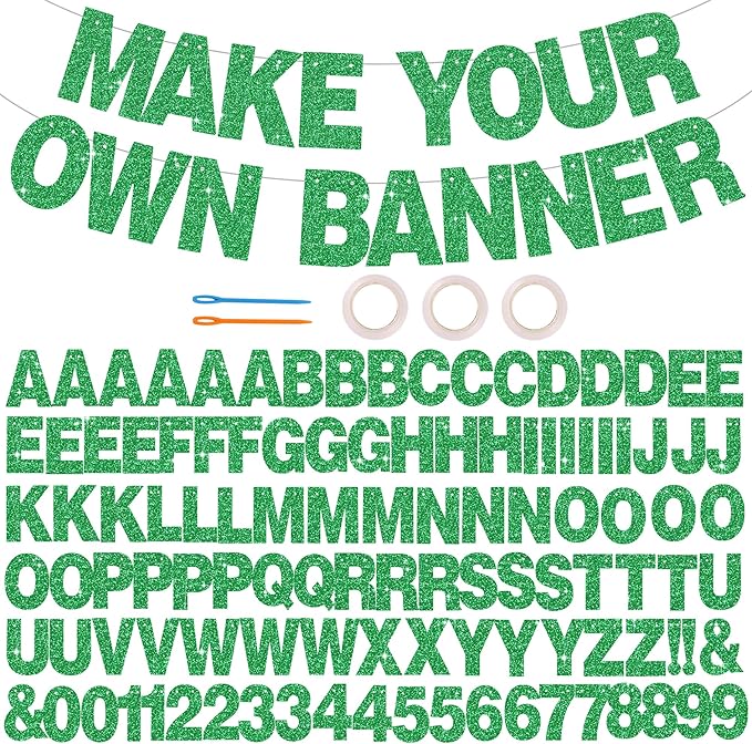 BEISHIDA 116 PCS A-Z DIY Letter Banner Kit Make Your Own Banner Glitter Green Including 111 Letters and Numbers 3 Rope and 2 Threading Device,Customized for Birthday Graduation Wedding Party Decor