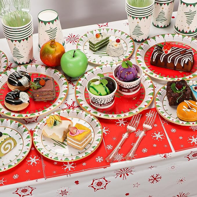 Atonofun Christmas Party Supplies, Merry Christmas Paper Plates and Napkins, Disposable Party Plates, 12oz Cups, Napkins and Forks for Xmas, Holiday Party Decorations Serves 24