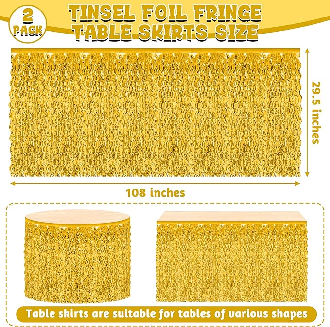 Table Skirt, 2 Pack Gold Foil Grass Table Skirt, New Years Metallic Wavy Tinsel Foil Fringe Table Skirts, Table Skirts for Irish Holiday Mardi Gras Graduations New Years Birthday Party Decor