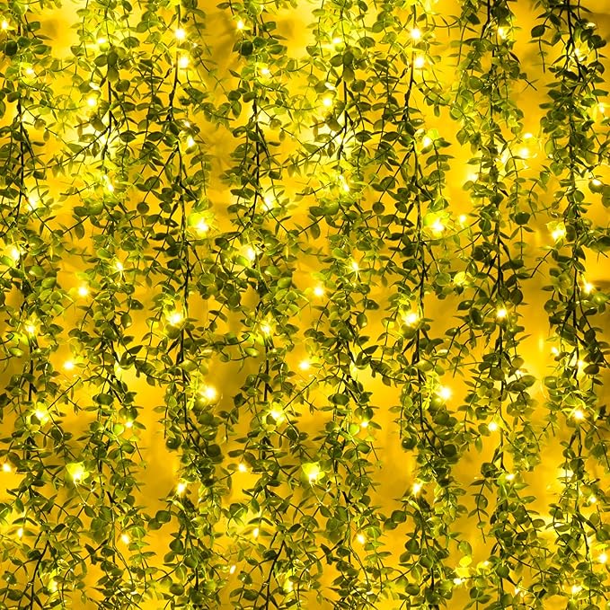 Dolicer 2 Packs Eucalyptus Garland with LED Lights String, 12FT Faux Eucalyptus Greenery Garland, Artificial Hanging Green Leaves Vine Wedding Backdrop Arch Wall Table Decor (Green)