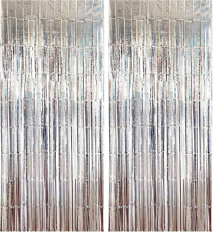 MYUPDALIN 2 Pack Silver Foil Fringe Tinsel Backdrop Party Decorations for New Years/Disco/Prom/Dance/Christmas/Bachelorette Party Decorations