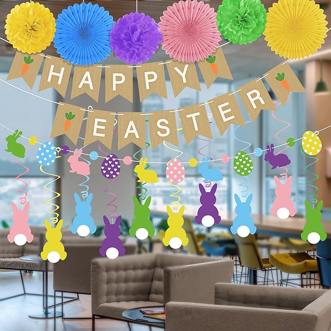 Easter Party Decorations Set for Home: Happy Easter Banner Bunny Hanging Swirls Yellow Purple Green Pom Pom Ornaments Spring Decor for Indoor Birthday Party Supplies