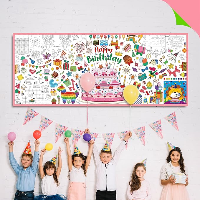Birthday Coloring Poster, Large Coloring Activity Paper 75” x 31” Jumbo Size Versatile Paper DIY Painting Drawing Banner/Tablecloth for School, Birthday Parties, Wall Decor