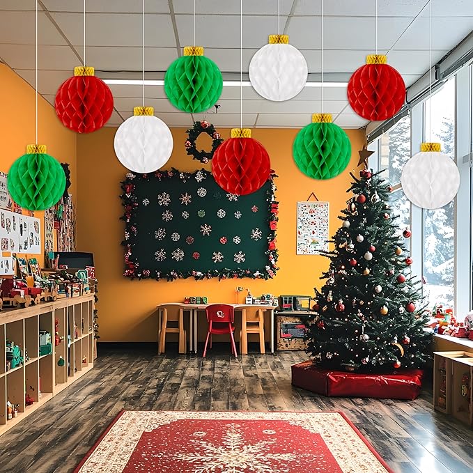 Christmas Party Decorations Honeycomb Balls, 9PCS Large Paper Hanging Ornaments Indoor for Table Centerpieces, Xmas Holiday Classroom Supplies