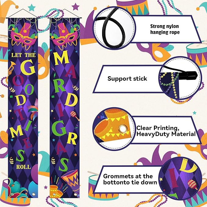 OHOME Mardi Gras Decorations - Masquerade Party Porch Banner | Mardi Gras Decorations for Indoor Outdoor Outside - New Orleans Party Holiday Hanging Backdrop Sign Favors Supplies for Home Wall Door