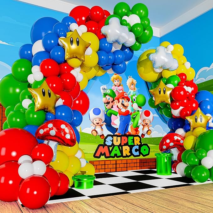 ALL-IN-1 Super Adventure Balloon Arch Kit with BONUS Mushroom, Cloud & Star Balloons for Bros Party Decorations - Red Blue Green Yellow Balloons for Video Game Birthday Decoration & Party Supplies