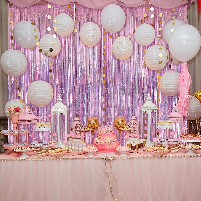 Crosize 2 Pack 3.3 x 9.9 ft Laser Pink Foil Fringe Backdrop Curtain, Streamer Backdrop Curtains, Streamers Birthday Party Decorations, Tinsel Curtain for Valentine‘s Day Parties, Galentines Decor