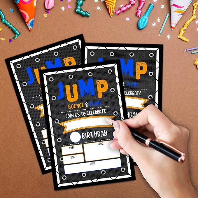 CLIRBE Trampoline Jump Birthday Party Invitations, Birthday Invitations For Boys, Kids Boy Birthday Invitation, 20 Invitations with 20 Envelopes - E01