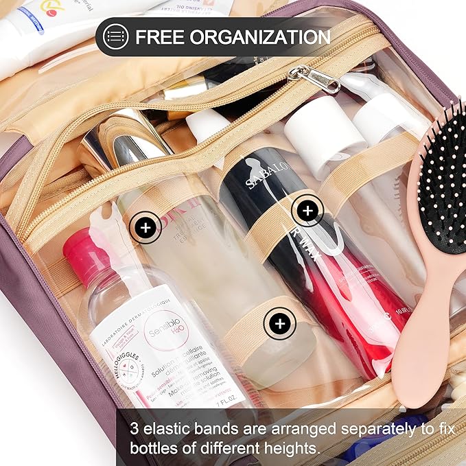 Travel Hanging Toiletry Bag for Women and Men, with 8 Leak Proofing Silicone Bottle Covers, Waterproof Makeup Accessories, Cosmetic Essentials, Toiletries Dopp Kit Set with Jewelry Organizer, Purple