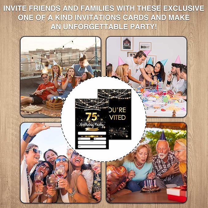 75th Birthday Invitations with Envelopes - Black Gold Glitter Fill-in Invites Cards - Surprise Birthday Party Invitation Card for Him/Her - Adults Birthday Party Favors Supplies Decorations (20 Pack)