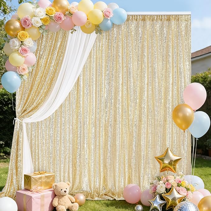 B-COOL Light Gold Sequin Backdrop Curtains 2 Packs 2ftx8ft Sparkle Backdrop Fabric Glitter Backdrop for Party Ceremony Wedding Birthday Decoration