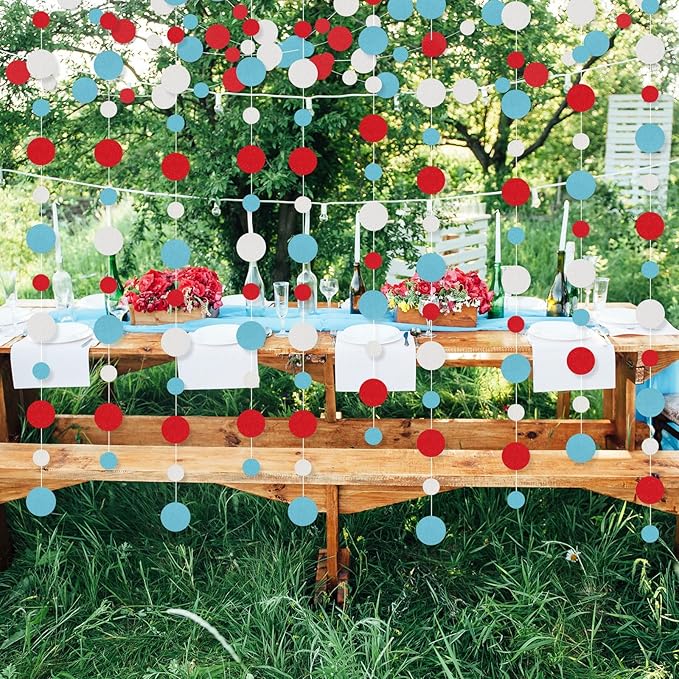 Outus 10 Pieces Colorful Dots Paper Garland Easter Decor Round Glitter Hanging Confetti Streamers Backdrop for Spring Birthday Classroom Halloween Trunk or Treat Car Decoration (Light Blue,White,Red)