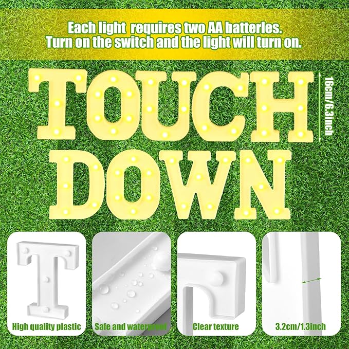 Honoson 9 Pcs Football Party Decorations 'touchdown! ' LED Lights Sign Rugby Theme Sports Neon Sign Lights Table Decoration for Football Birthday Gameday Tailgate Party Decorations