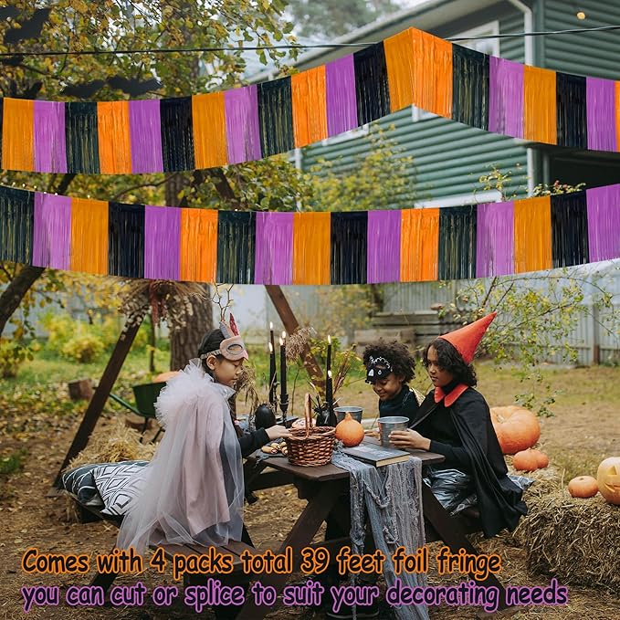 4 Packs 39 Feet Halloween Parade Floats for Trailer Car, Foil Fringe Garland Tinsel Streamers Banner Table Skirts for Halloween Dia De Los Muertos Homecoming BBirthday (Black Orange Purple)