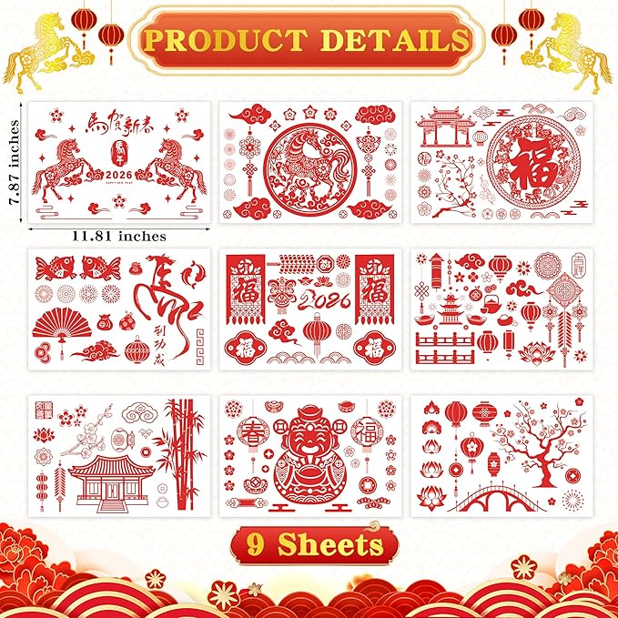 9 Sheets Chinese New Year Window Clings, Horse Year Decor for Window, 2026 Lunar New Year Decorations, Red Spring Festival Decals Double-Sided Stickers for Festival Family Gathering Door Wall Decor