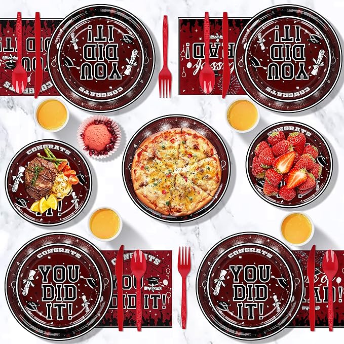 175PCS Graduation Plates and Napkins Set 2026 Graduation Party Supplies Tableware Set Include Paper Plate Napkin Cup Knife Fork Spoon for Grad Party Decor Serve25(Maroon)