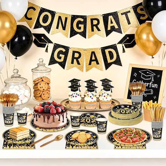 175PCS Graduation Plates and Napkins Set 2026 Graduation Party Supplies Tableware Set Include Paper Plate Napkin Cup Knife Fork Spoon for Black Gold Grad Party Decor Serve25 (Black and Gold)
