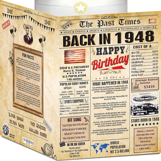 78th Birthday Cards for Men & Women - Back In 1948 Newspaper (Bday Card + Envelope) Large HAPPY BIRTHDAY Decorations for Her Him Vintage Funny card for Wife Husband & Grandparents 78 years