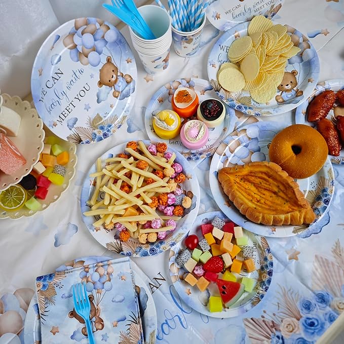 Baby Shower Party Supplies Set, We Can Bearly Wait Theme, 141 Pieces with Plates, Napkins, Cups and Tableware for 20 Guest Blue and Brown Bear Design Cuterly for Bear Babys Party