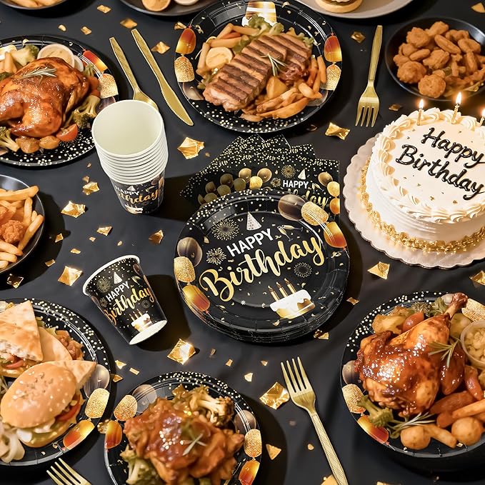 Black and Gold Happy Birthday Party Plates Set, 168PCS Balloons Cake Fireworks Paper Plates Napkins Cups and Gold Cutlery Set, 24 Set Disposable Tableware Set for Birthday Party Decorations